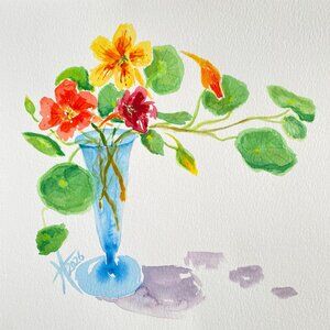 Nasturtium in Blue Vase Original Art Watercolor Painting Matted 11x14in